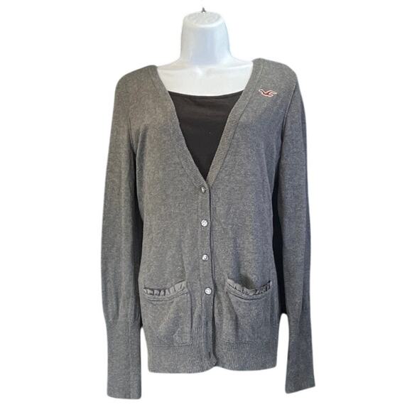 Hollister Jackets & Blazers - Hollister Y2K Womens L Gray V Neck Ruffle Pockets Long Sleeves Cardigan FLAW